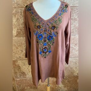 A&A Clothing Inc Brown Boho Tunic With Embroidery & 3/4 Sleeve 1X